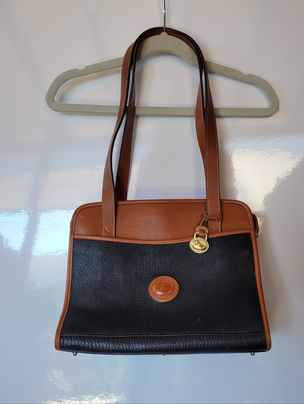 Made In USA Dooney & Bourke Y2K Leather Shoulder Bag  Blue & British Tan Vintage